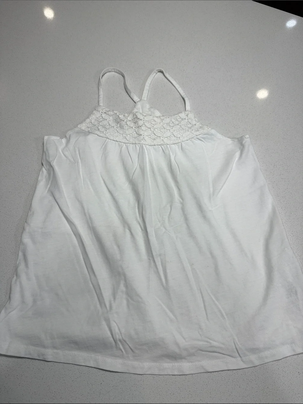 Girls White Lace Yoke Cotton Spaghetti Strap Tank Top